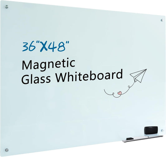 Magnetic Glass Whiteboard 48"x36" Glass Dry Erase Board 48"x36" Frameless Wall Mounted White Board Writing Board Glassboard for Office School Home Shop