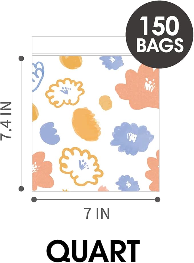 24/7 Bags- Quart Zip Storage Bags, 150 Count with Patterns, 4 Unique Fun Designs, Zero BPA, Lunch, Trips, Parties & More