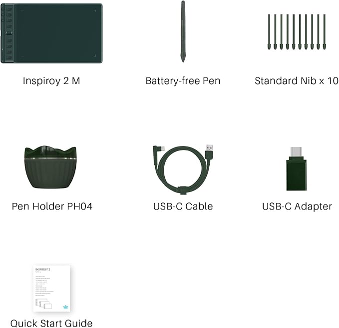 HUION Inspiroy 2 Medium Drawing Tablet with Scroll Wheel 8 Customized Keys Battery-Free Stylus for Digital Art, Design, Sketch, 9x5inch Graphics Tablet Works with Mac, PC & Mobile, Green
