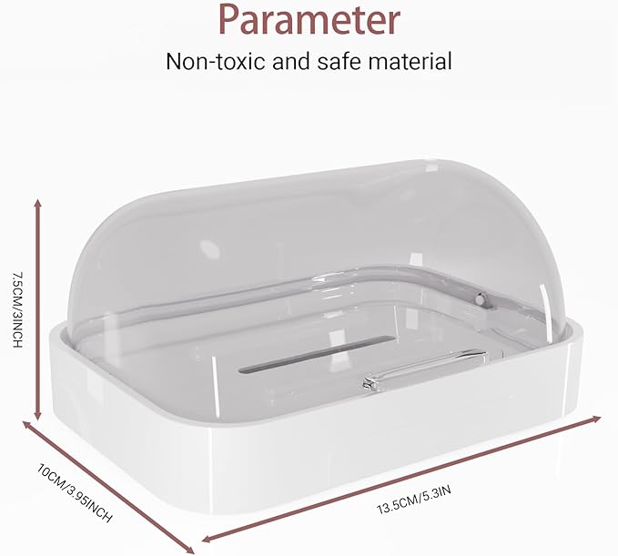 Wall Mounted Soap Holder - Set of 2, White Plastic with Clear Cover, Water Collection Tray, Bar Soap Dish Container Caddy with Lid for Bathroom, Shower, Kitchen Sink, Sponge Storage