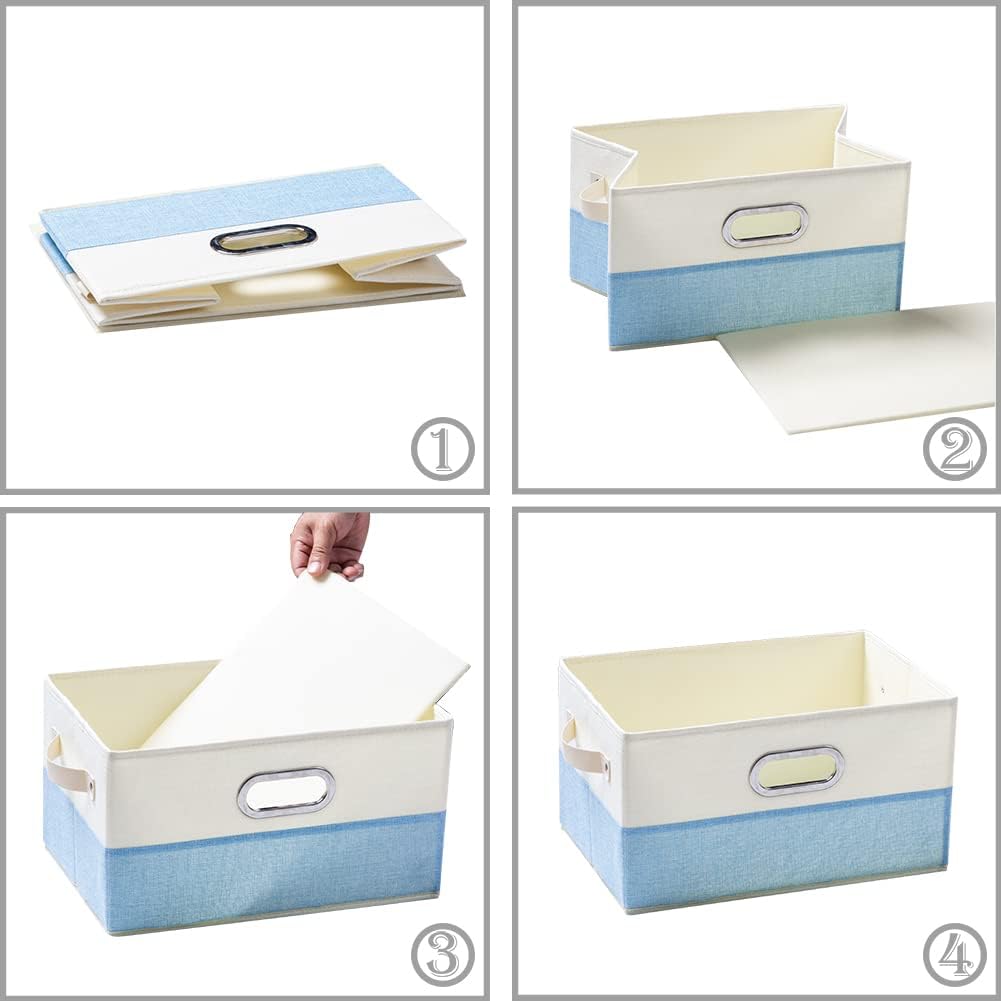 PRANDOM Fodable Storage Bins for Closet [3-pack] Decorative Fabric Storage Baskets Cubes with Leather/Metal Handles for Shelves Bedroom Living Room Blue&Cream (11.5x8.5x6.7 Inch)