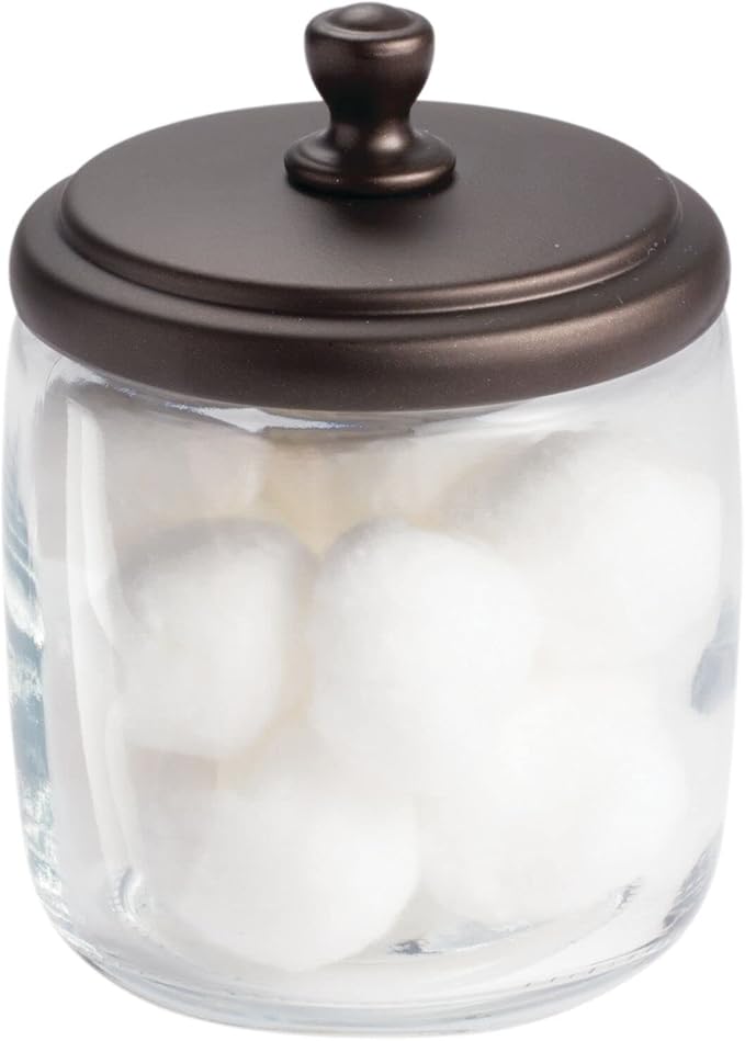 mDesign Small Apothecary Organizer Canister Jars - Glass Containers with Steel Lid for Bathroom, Organization Holder for Vanity, Counter, Hamill Collection - 2 Pack - Clear/Bronze