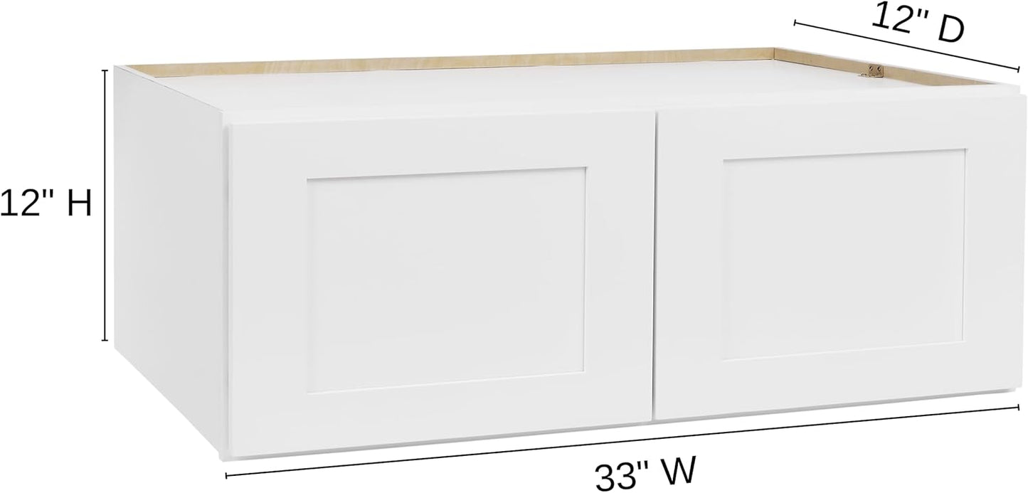 White Shaker Wall Cabinet - Ready to Assemble, Perfect for Kitchen, Laundry, and Bathroom Storage - 33”W x 12”H x 12”D