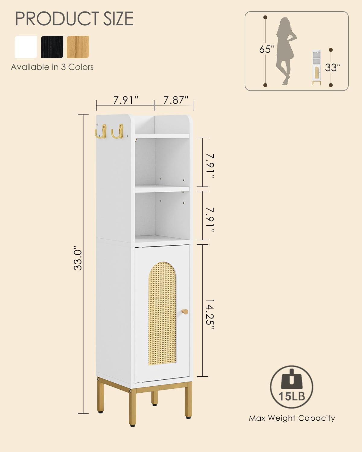 Bathroom Storage Cabinet, Small Corner Floor Hutch with Door and Shelves, Narrow Toilet Paper Cabinet, Bathroom Organizer with Adjustable Shelf, for Small Spaces (Classic-Rattan, White)