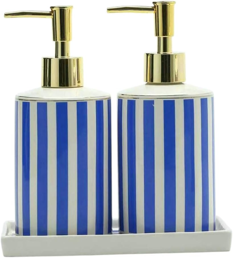 Coastal Blue & White Ceramic Soap Dispenser Set with Gold Pump – 3-Piece Bathroom & Kitchen Accessories with Tray, Refillable Lotion & Dish Soap Pump Bottles for Beach House & Nautical Décor