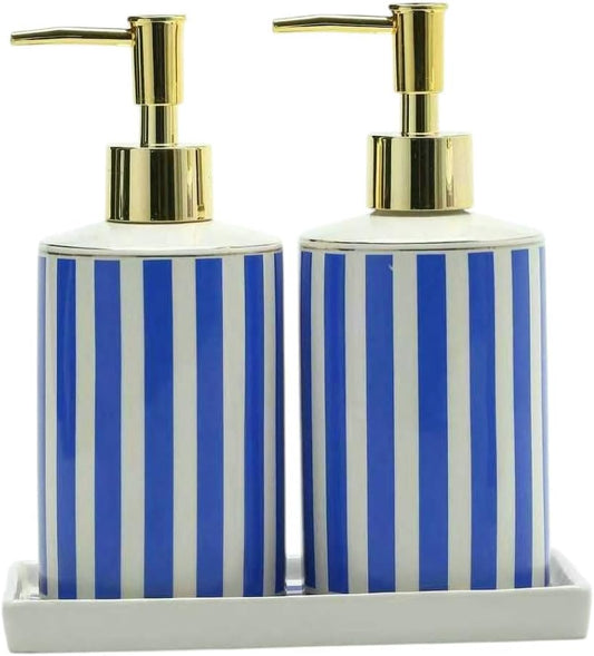 Coastal Blue & White Ceramic Soap Dispenser Set with Gold Pump – 3-Piece Bathroom & Kitchen Accessories with Tray, Refillable Lotion & Dish Soap Pump Bottles for Beach House & Nautical Décor