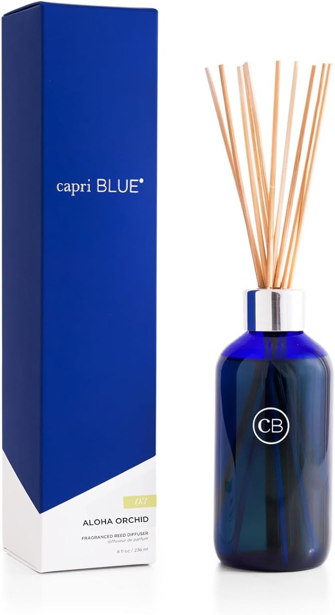 Capri Blue Aloha Orchid Reed Diffuser Set - Includes Reed Diffuser Sticks, Fragrance Oil, and Glass Bottle - Luxury Scented Room Fresheners - Cobalt Blue (8 fl oz)