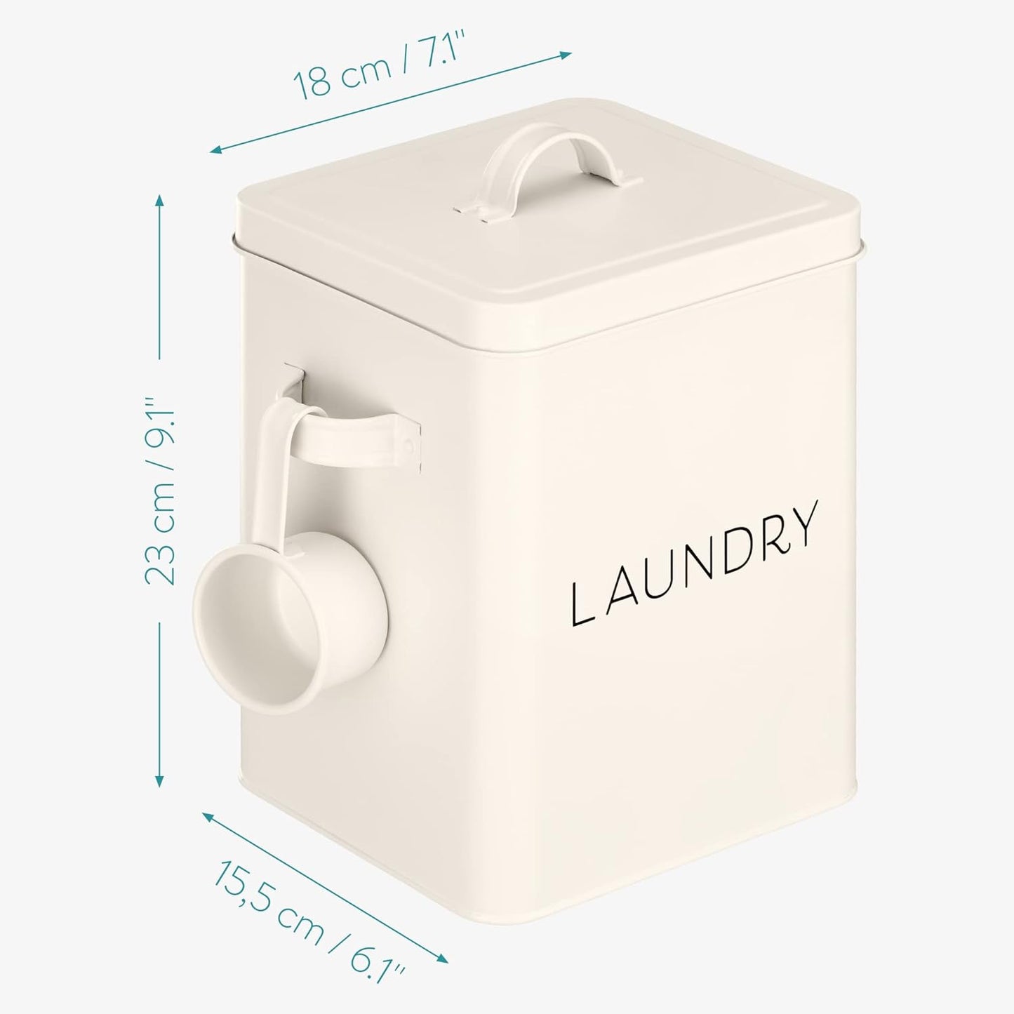 Navaris Laundry Detergent Container with Scoop - Powder Laundry Soap Tin - Vintage Style Metal Organizer Canister Box with Lid and Handles - White