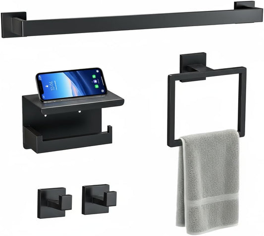 5 Pcs SUS304 Stainless Steel Bathroom Accessories Set, 23.6" Towel Bar, Multi-Purpose Toilet Paper Holder, Towel Ring, Towel Hooks, Minimalist Design for All Styles Bathrooms (Matte Black)