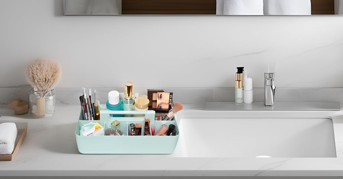 New Plastic Portable Makeup Organizer Caddy Tote Divided Basket Bin with Handle, for Bathroom Storage - Holds Blush Makeup Brushes, Eyeshadow Palette, Lipstick - Extra Large Made In USA (Mint)