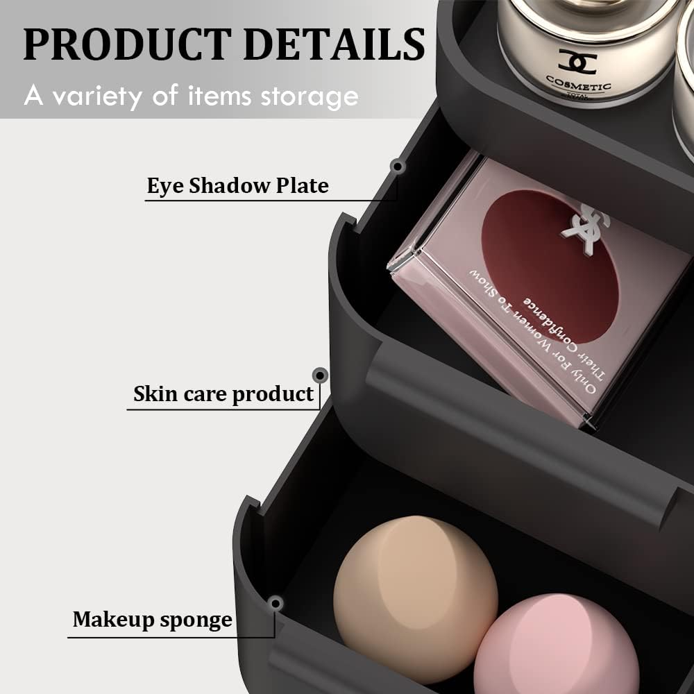 Makeup Organizer for Vanity, Bathroom Countertop Storage Display Boxes Case,Stackable Cosmetic Holder for Jewelry Hair Accessories Beauty Skincare Product Organizing with drawer organizer tray, Black