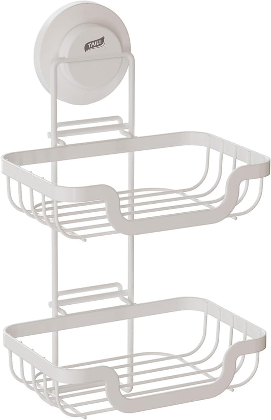 TAILI Double Layer Soap Holder, Bar Soap Dish Suction Cup for Shower Wall, Draining Saver Tray for Bathroom, Rustproof Stainless Steel Sponge Holder for Tub, Kitchen, Drill-Free, White