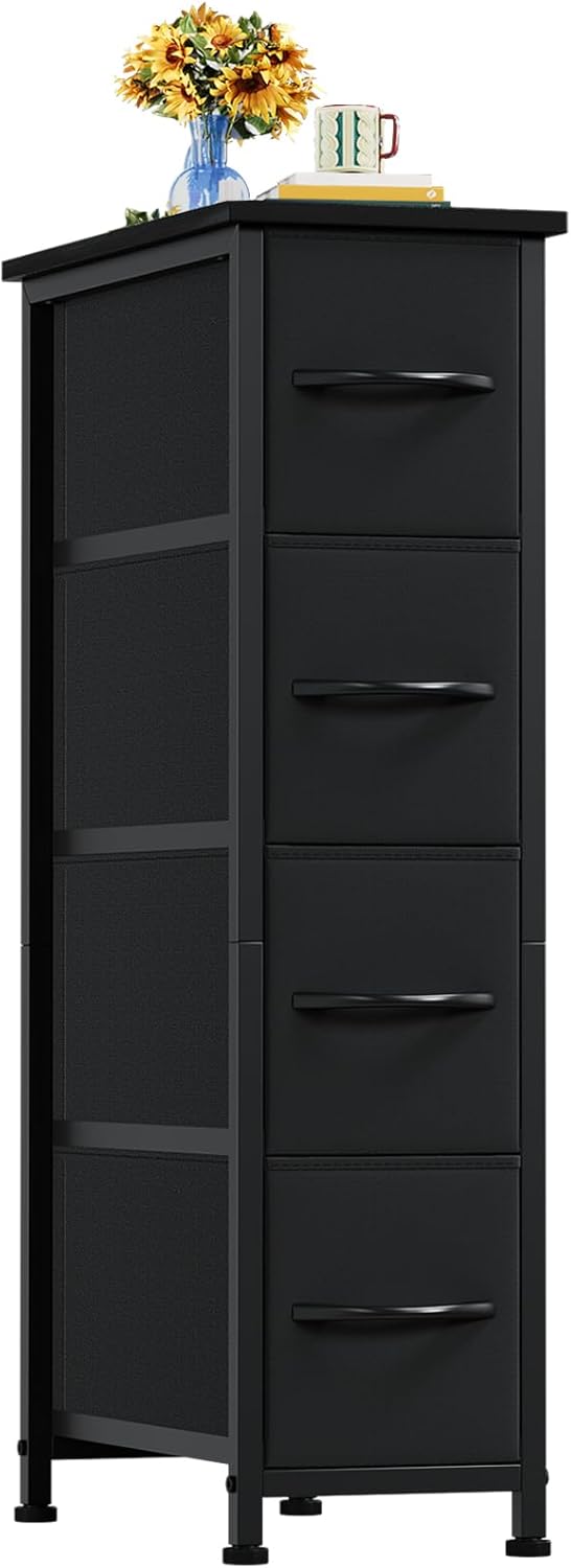 Somdot Narrow Dresser with 4 Drawers, Slim Storage Organizer Chest of Drawers with Removable Fabric Drawers for Small Spaces Bathroom Closet Bedroom Laundry, Black