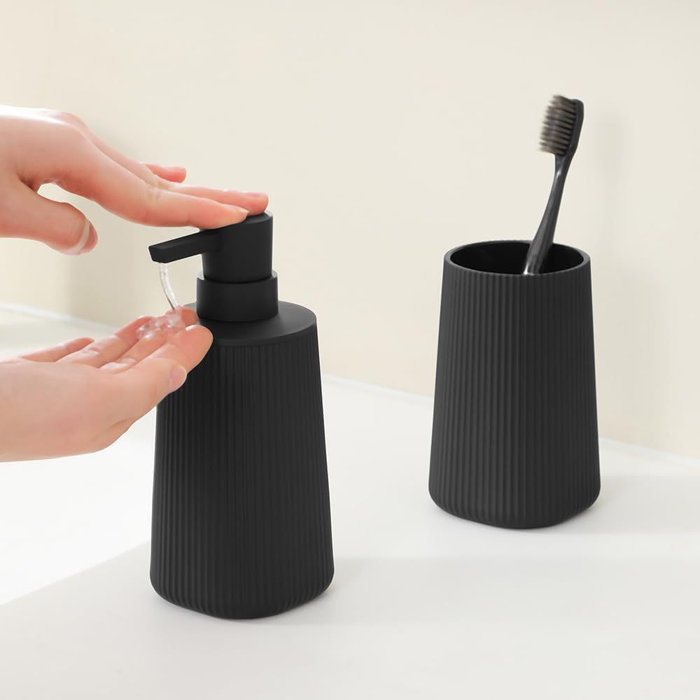 Bathroom Accessories 2 Piece Soap Dispenser and Toothbrush Holder Set Striped Black