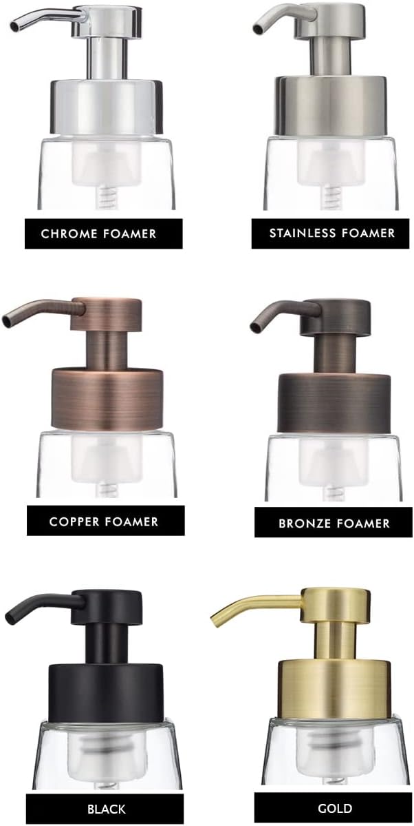 Rail19 Amber Glass Apothecary Foaming Soap Dispenser with Metal Pump - for Kitchen and Bathroom Countertop, 8.5oz (Gold)