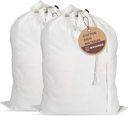 LFH Home Cotton Canvas Large Laundry Bag with Handle, Heavy Duty Drawstring Closure Washable Laundry Bags, School Travel, Home, Hotel, College Dorm, Organizer Sack, Toy Clothes 28x40 (Pack of 2)-White