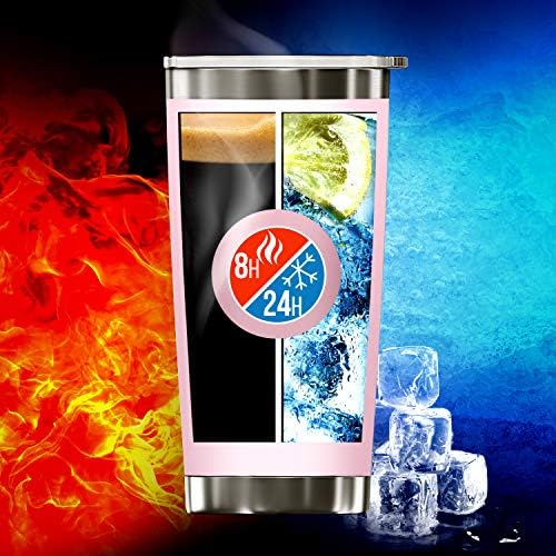 BluePeak Double Wall Stainless Steel Vacuum Insulated Tumbler Set, 2-Pack. Includes Sipping Lids, Spill-Proof Sliding Lids, Straws, Cleaning Brush & Gift Box (20oz, Pink)