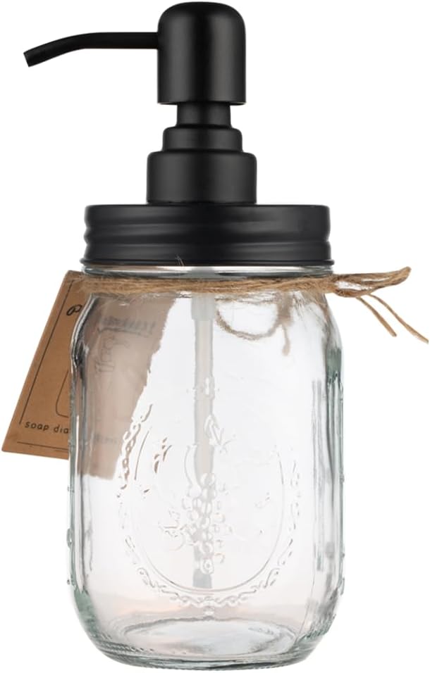 16oz Mason Jar Soap Dispenser Clear Glass Jar with Rust Proof Stainless Steel Pump Liquid Soap Dispenser for Bathroom,KitchenDecor Great for Lotions, Liquid Soaps（Black