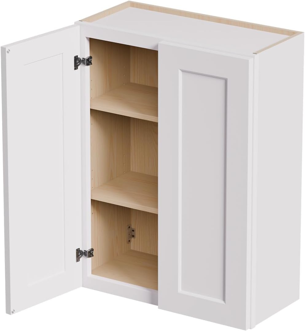 27 Inch Laundry Room Cabinets Wall Mounted, Solid Wood Over The Toilet Storage Cabinet, Bathroom Organizer Cabinets with 2 Shaker Door & Shelves, Easy to Assemble for Kitchen, Garage - White