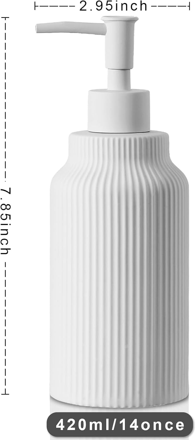 Modern Matte White Soap Dispenser for Bathroom，14oz Ceramic Soft Touch Hand Lotion Dispenser with Pump，Liquid soap Dispenser for Kitchen Rubber Paint (White)