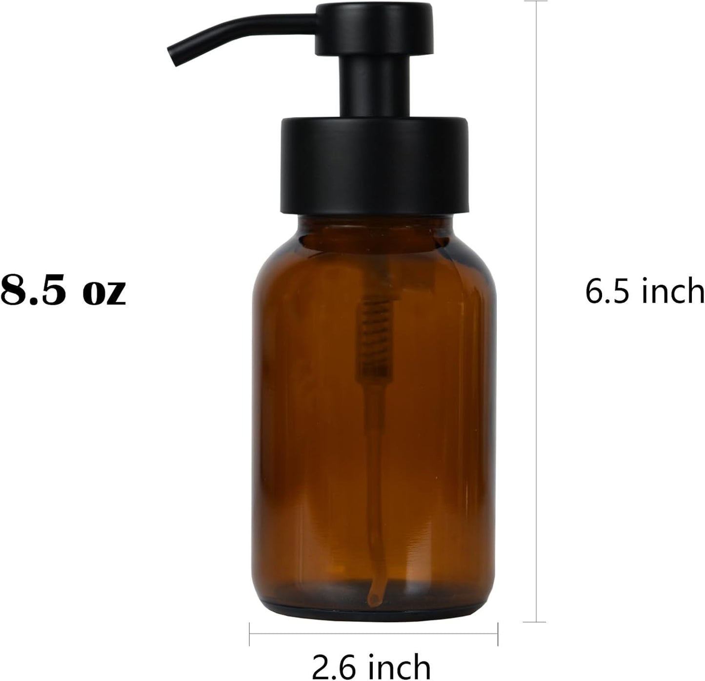 8.5 oz Amber Glass Foam soap Dispenser with Black Rust-Proof Foam Pump, refillable Thick Glass Foam soap Dispenser for Kitchen and Bathroom (1, 8.5 oz)