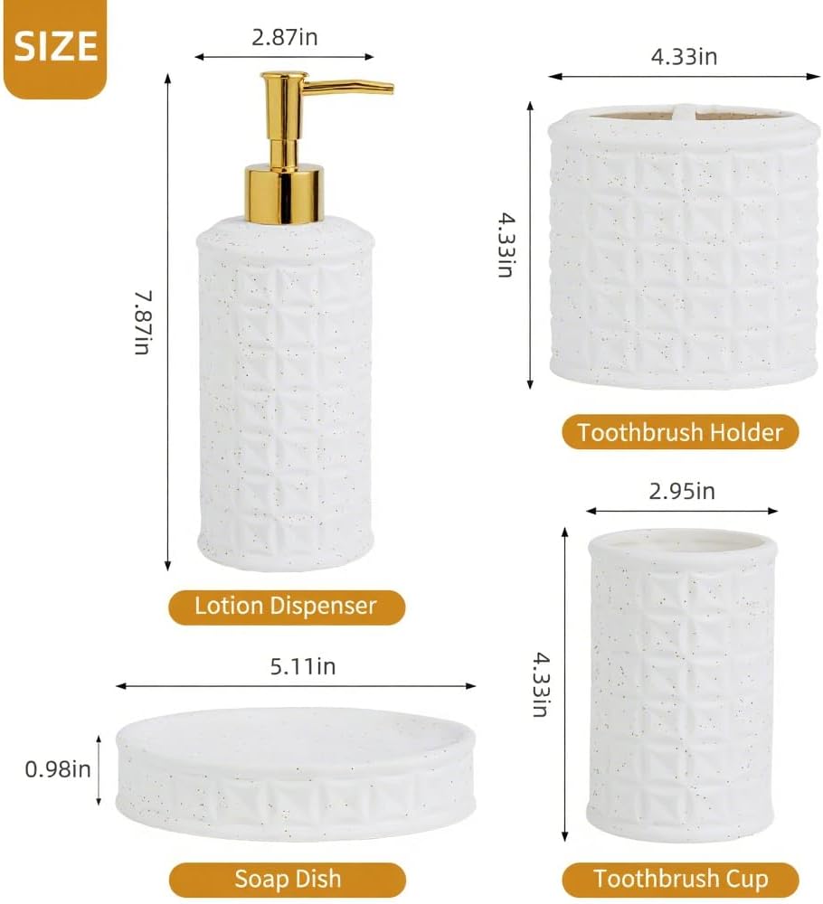 Bathroom Accessories Set 4 Pcs - Ceramic Soap Dispenser, Toothbrush Holder, Tumbler & Soap Dish with Coin Pattern Design, White Bathroom Decor Set for Counter Organization
