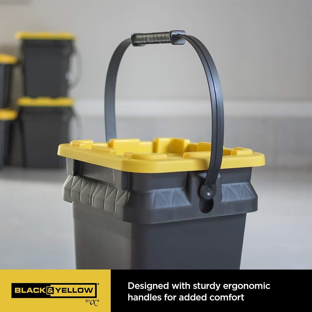 CX BLACK & YELLOW, 5-Gallon Heavy Duty Bucket Tough Storage Container & Snap-Tight Lid, (14.9"H x 12"W x 13"D), Weather-Resistant Design and Stackable Organization Tote [3 Pack]