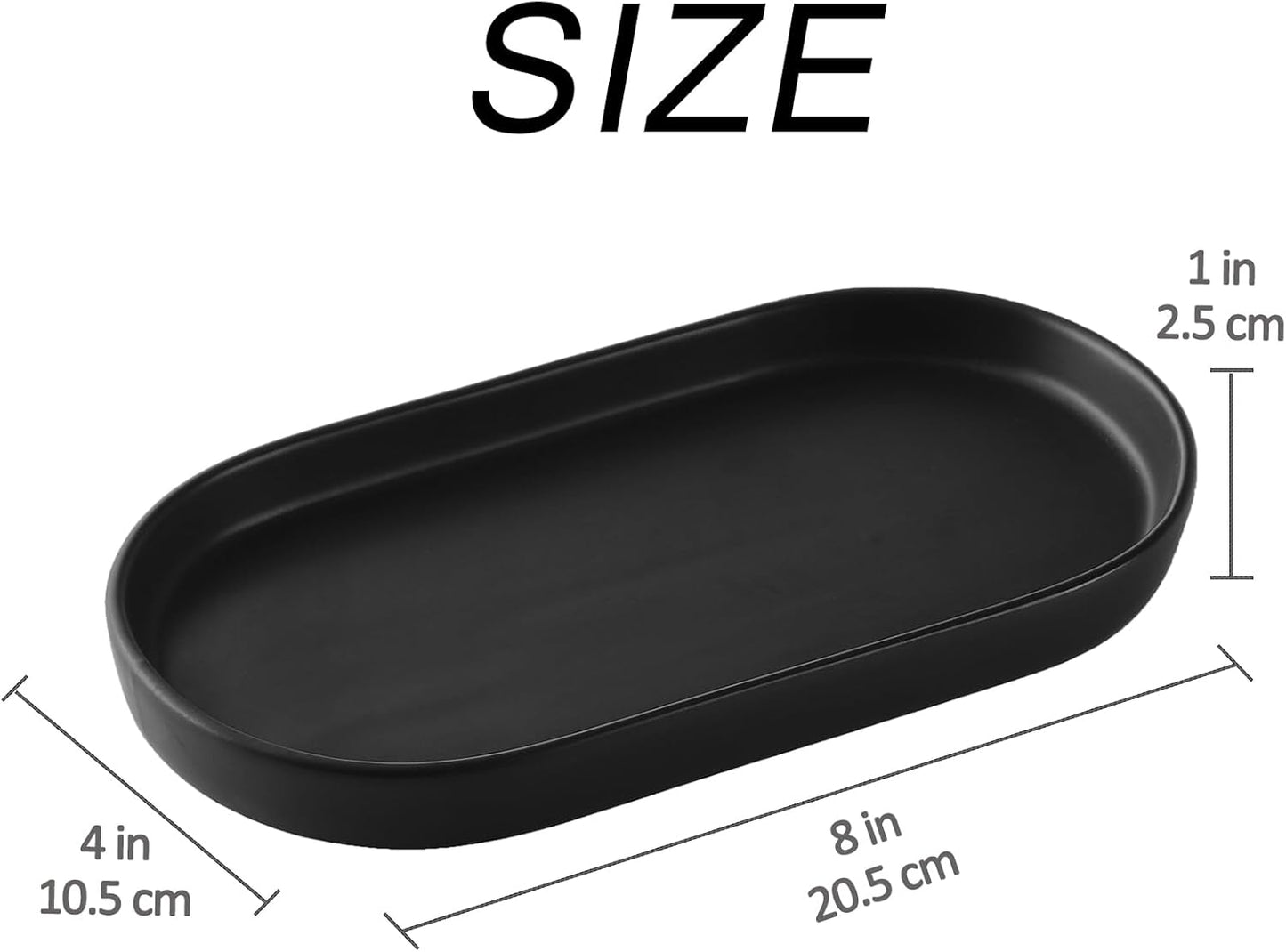 Matte Black Round Soap Dispenser Tray - 8'' Ceramic Vanity Tray for Bathroom Decorative, Jewelry Ring Dish, Comestic Holder, Kitchen Sink Countertop Organizer Plate
