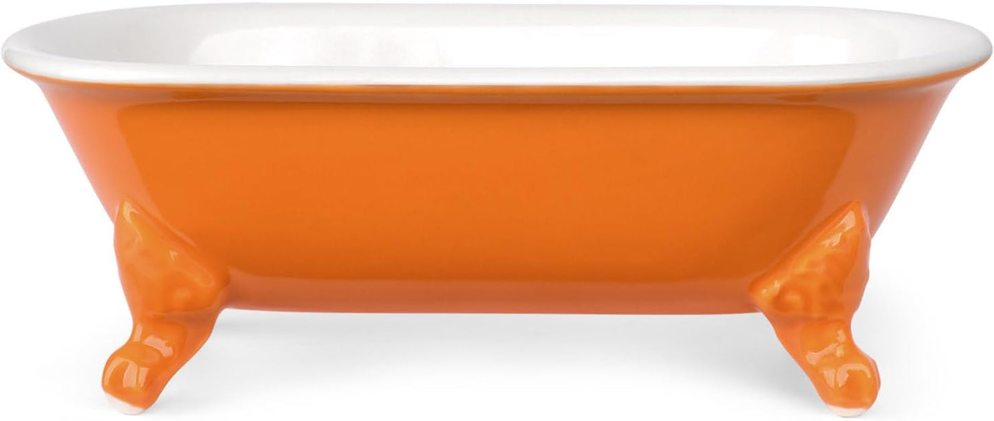 6.5" Ceramic Mini Decorative Clawfoot Bathtub Bar Soap Dish, Kitchen Sponge Holder and Shower Tray for Bathroom, 1 Pack(Tangerine)