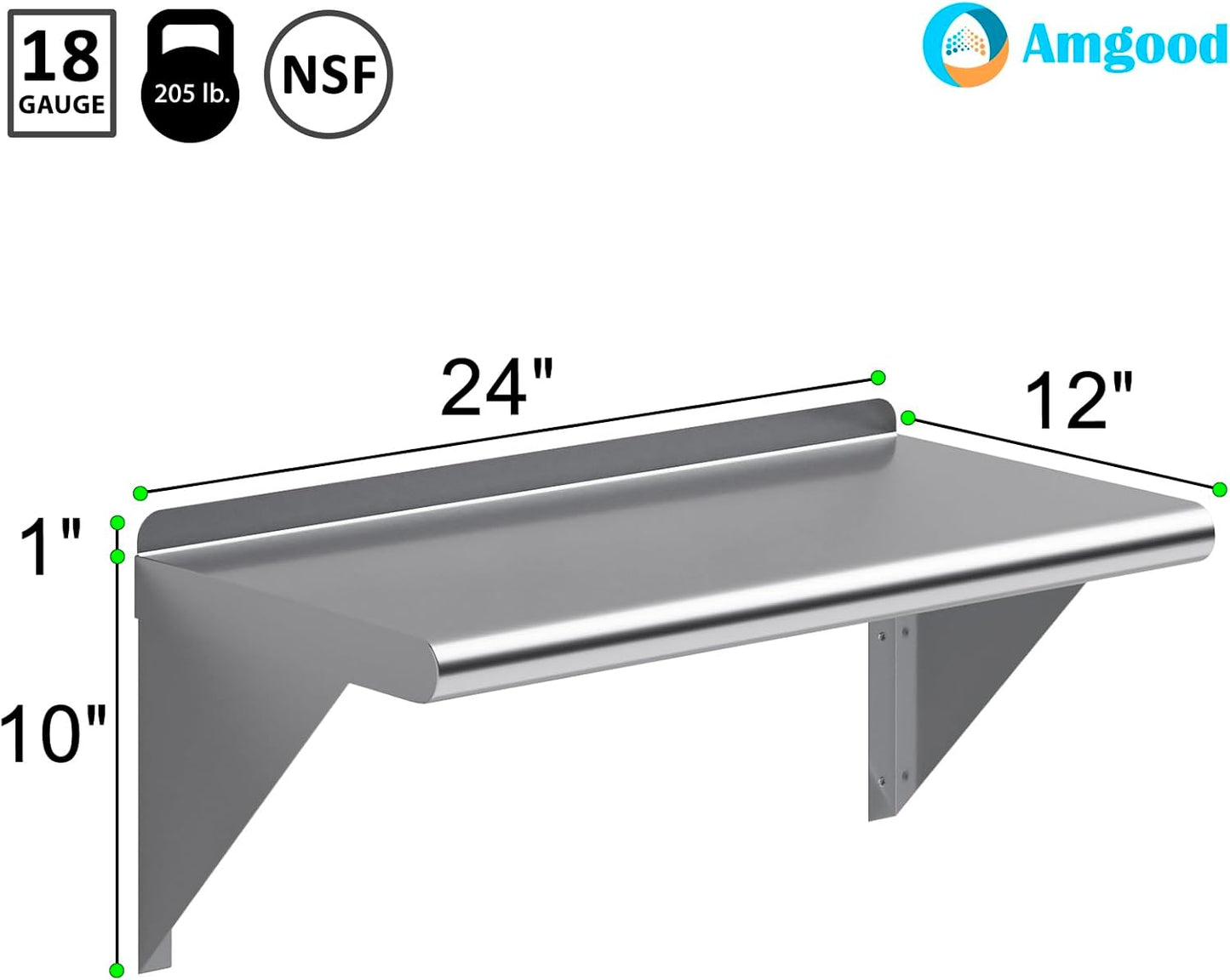 AmGood 24" Long X 12" Deep Stainless Steel Wall Shelf | NSF Certified | Appliance & Equipment Metal Shelving | Kitchen, Restaurant, Garage, Laundry, Utility Room