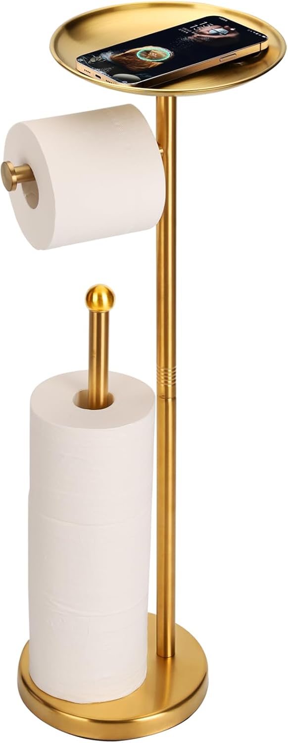 Noonext Gold Toilet Paper Holder with Shelf, Freestanding Toilet Paper Holder with Big Tray for Bathroom, Heavy Base No Tipping Over (Stainless Steel, Gold)