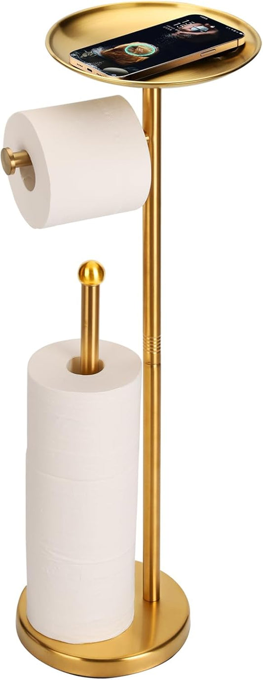 Noonext Gold Toilet Paper Holder with Shelf, Freestanding Toilet Paper Holder with Big Tray for Bathroom, Heavy Base No Tipping Over (Stainless Steel, Gold)