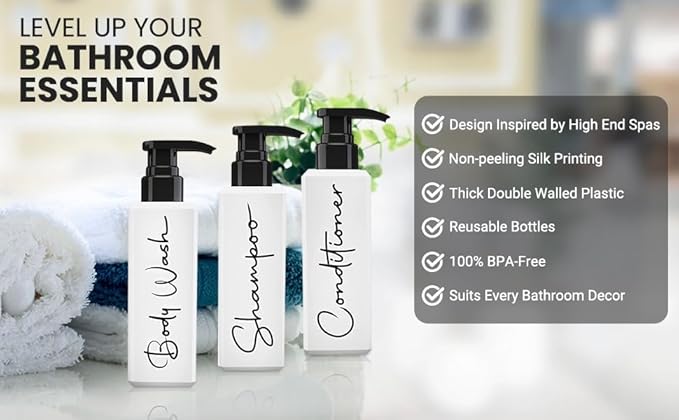 Luxury Spa-Inspired Shampoo and Conditioner Dispenser Set – 3 Refillable Pump Bottles for Shower Wall – Printed Shampoo, Conditioner & Body Wash