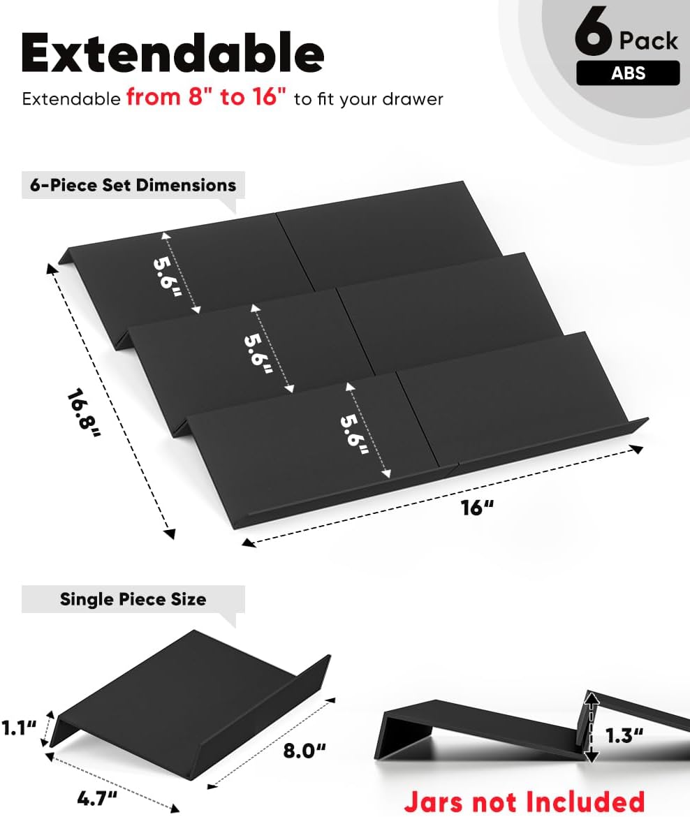Artibear Expandable Spice Rack Drawer Organizer for Kitchen Cabinets, Set of 6, ABS