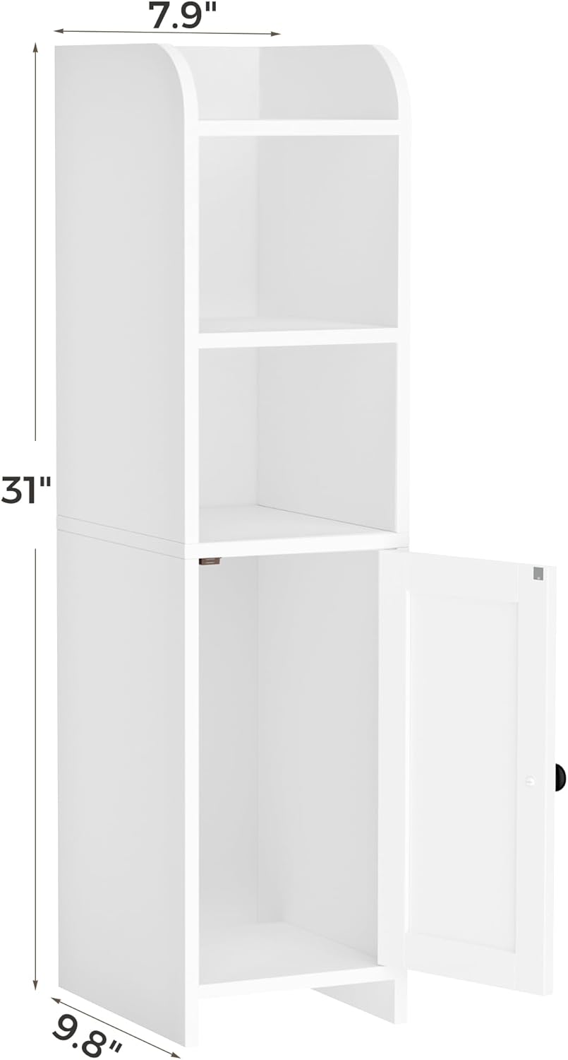 Homhedy Small Bathroom Storage Corner Floor Cabinet with Door and Shelves, Beside The Toilet Paper Stand for Skinny, Narrow Toilet Paper Cabinet, 9.8" D x 7.9" W x 31" H, White