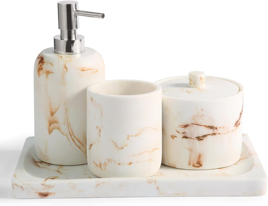 Marble Pattern Bathroom Accessory Sets,4 Pieces Resin Bathroom Accessories Complete Set - Lotion Dispenser,Tumbler,Q-tip Holder and Vanity Tray(Classic Beige Marble)