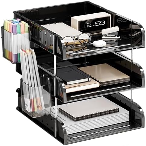 Black Acrylic Desk Organizer, Multi-Tier Letter Tray with Pen Holder, Office Storage for Documents and Supplies