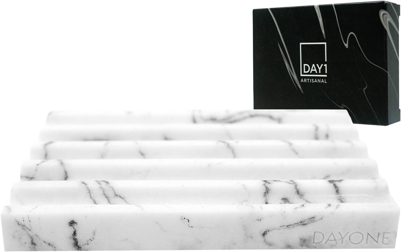 DAY1 Marble Soap Dish Tray – Bathroom Sink Soap Holder, Vanity Tray, Brush Organizer, Decorative Resin Dish for Kitchen, Countertop, Bathtub, Bar Soap, Sponges, Paint Brushes (White)