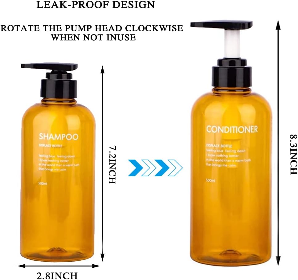 3 Pack Shampoo Bottle Pump Dispenser, 500ml Empty Plastic Soap Dispenser Bottle with Pump for Bathroom, Kitchen or Hotel, Refillable Dispenser for Lotion, Shower Gel and Conditioner (Amber-FBM)