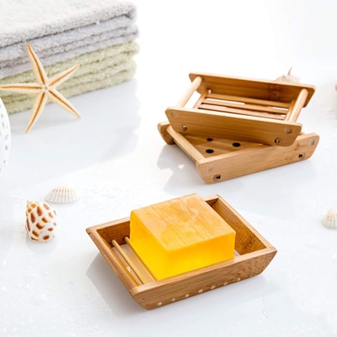 Kaxich 2 Pack Bamboo Wooden Soap Dish Shower Soap Storage Holder Saver Soap Tray Plate for Bathroom Shower Vanities Kitchen Sink