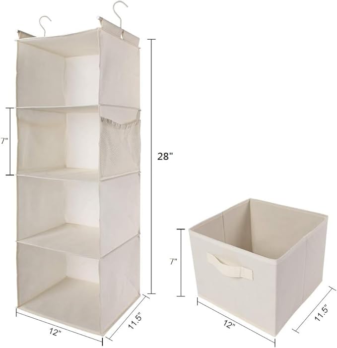 MAX Houser 4-Shelf Hanging Closet Organizer, Space Saver, Cloth Hanging Shelves with 2 Side Pockets, Foldable (Beige)
