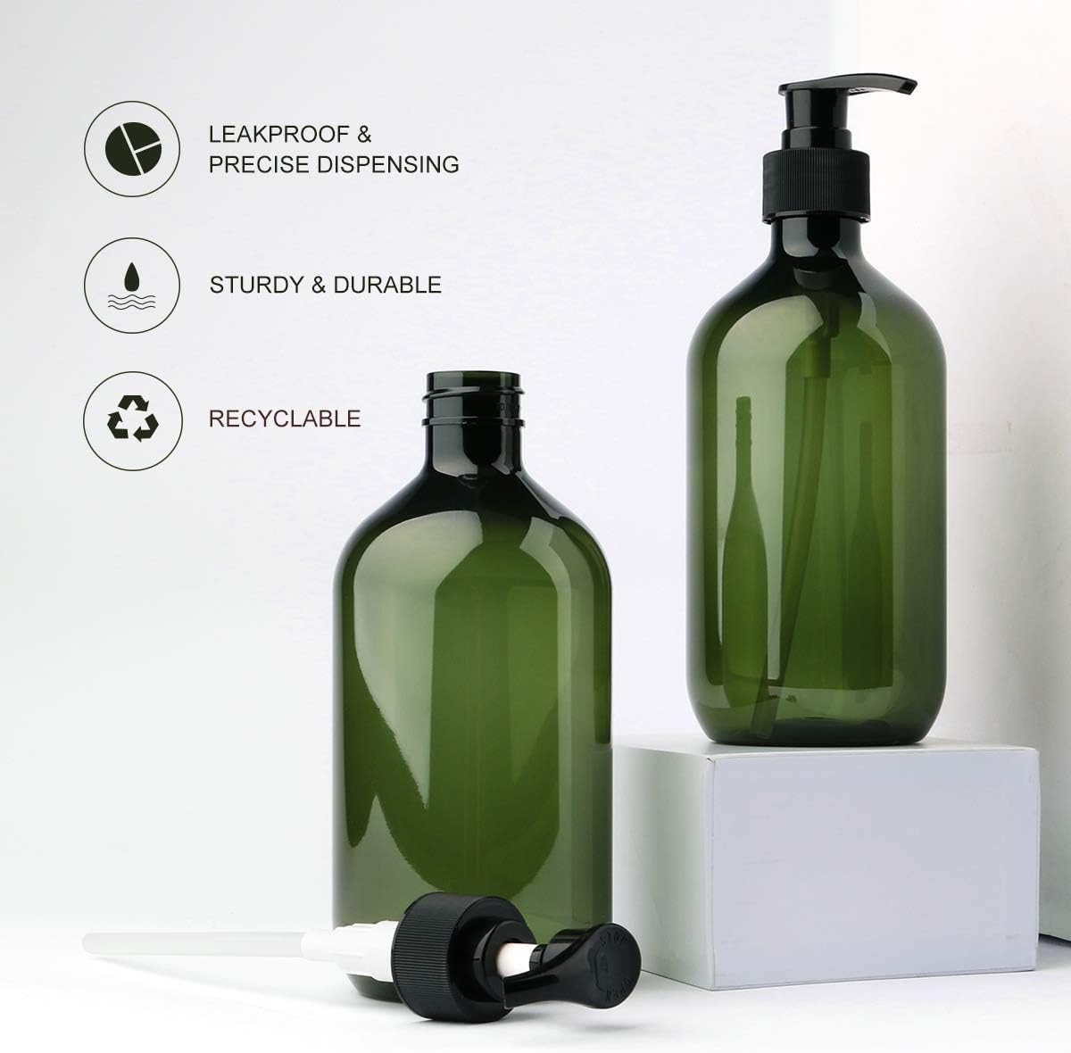 Yebeauty Empty Pump Bottle Dispenser, 17oz/500ml Lotion Soap Shampoo Pump Bottles Large Bottle with Pump Plastic Refillable Containers Pack of 2,Brown Green