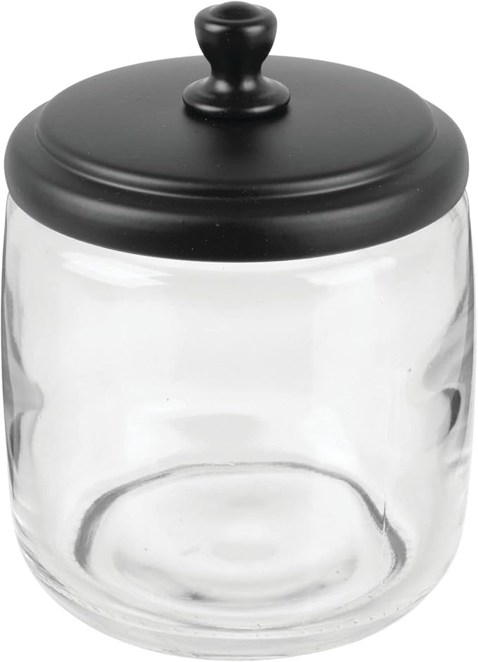 mDesign Small Apothecary Organizer Canister Jars - Glass Containers with Steel Lid for Bathroom, Organization Holder for Vanity, Counter, Hamill Collection - 2 Pack - Clear/Black