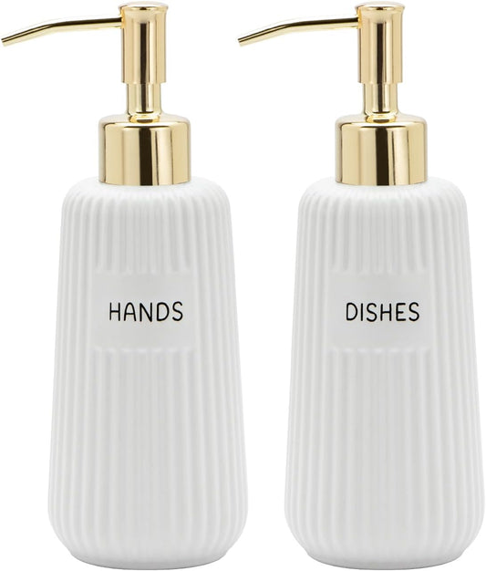 Kitchen Soap Dispenser Set with Gold Stainless Steel Pump and Funnel, Modern Ceramic Refillable Hand and Dish Soap Dispenser Set for Kitchen, Bathroom, Office, Hotel, Matte White