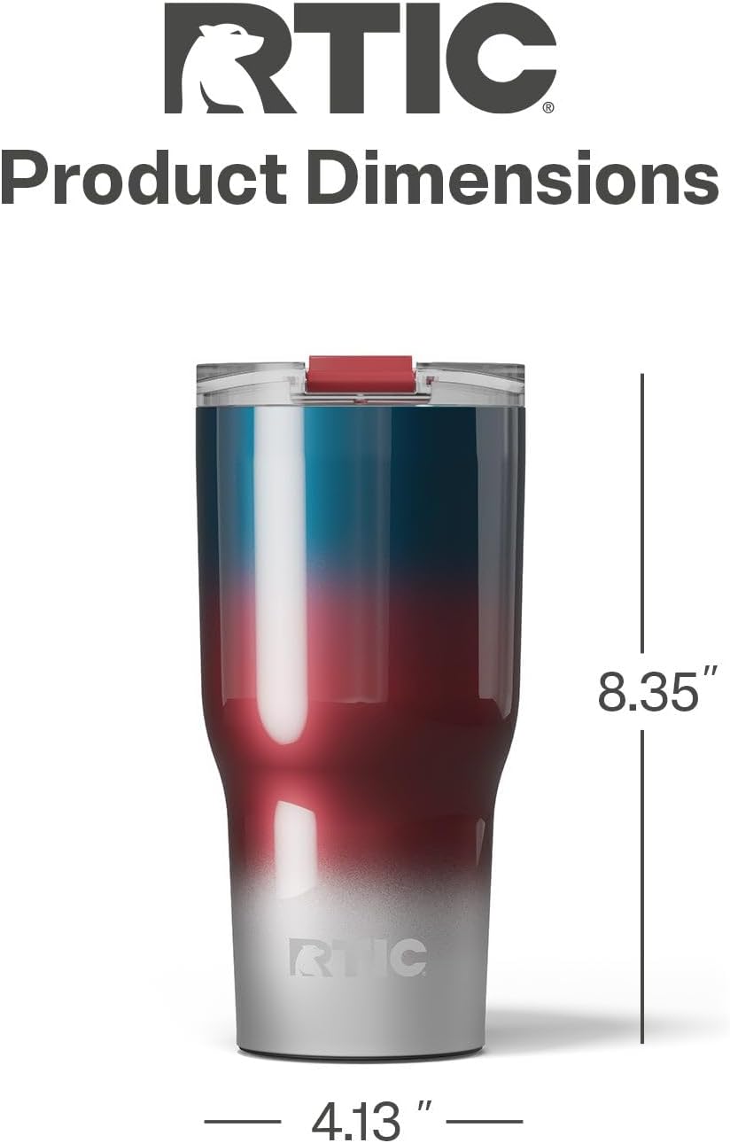 RTIC 30oz Essential Tumbler with Lid, Ceramic Lined, Insulated, Stainless Steel, Metal, Double Wall Vacuum-Insulation, Travel Cup for Iced Coffee, Tea, Hot and Cold Drink, Patriot Metallic
