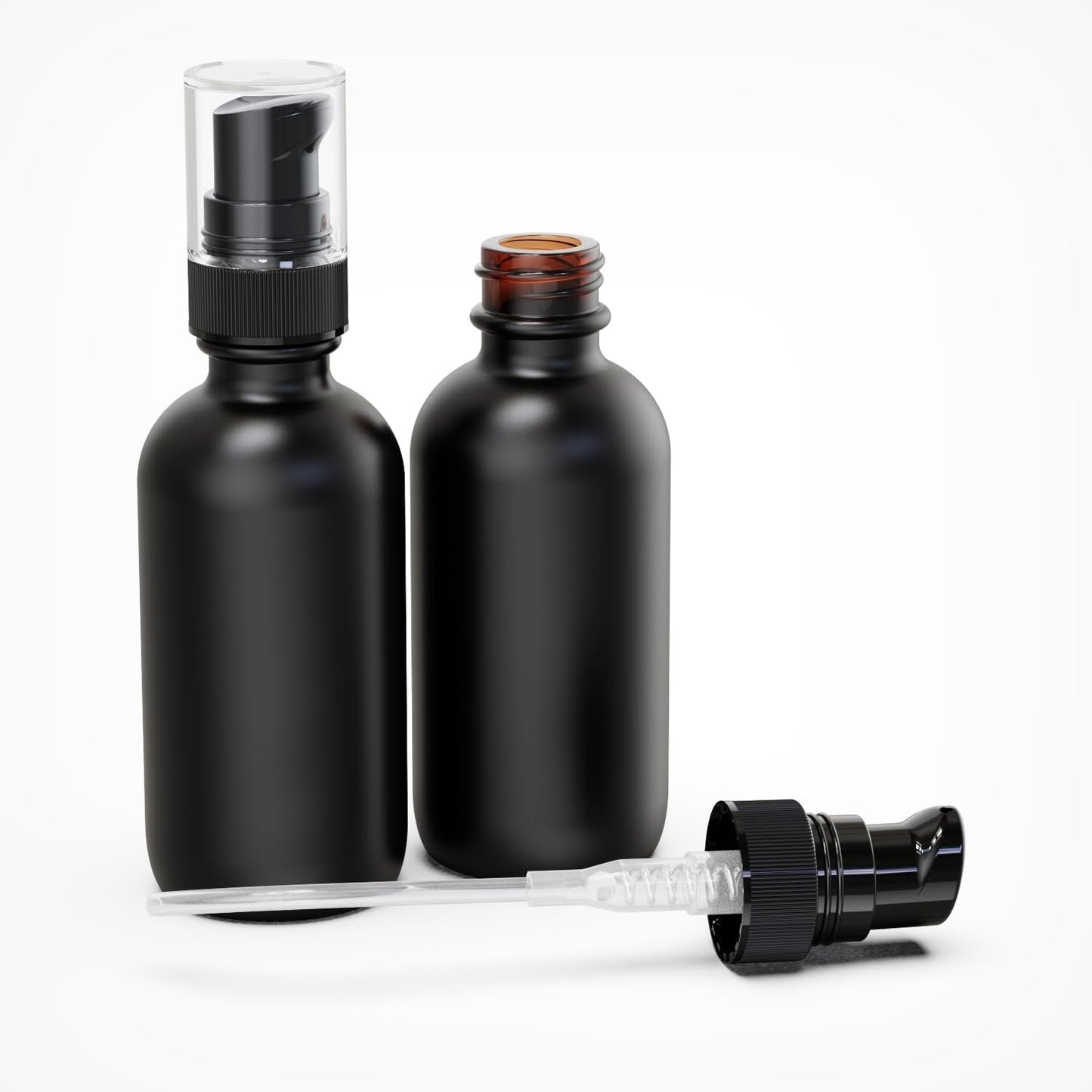 12Pack 2oz Black Glass Pump Bottles, 60ml with Black Pump, Empty Refillable Travel Small Container For Lotion Cream Essentil Oil Shampoo (60mlpumpBLK)