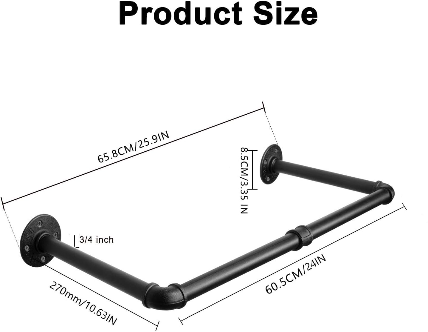 Industrial Iron Pipe Clothes Hanging Bar DIY Wall-Mounted Garment Rack Heavy Duty Clothing Rack for Bedroom, Laundry Room, Closet Storage (Black 24 inch)