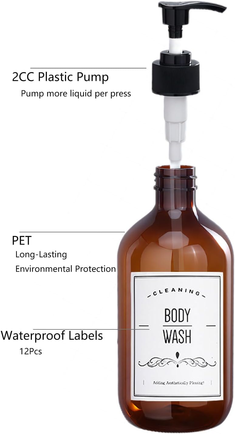 2 Pack Amber Plastic Soap Dispenser, 16 oz Bathroom Pump Bottles Dispenser Refillable Containers with Labels for Lotion Shampoo Body Wash Hand Dish Soap