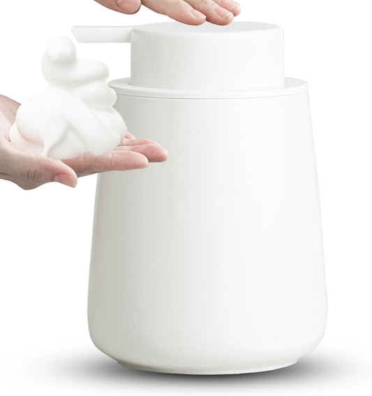 Ceramic Foaming Soap Dispenser, 12 Oz Foam Hand Soap Dispenser for Bathroom, Face Wash Dispenser Bottle with Foaming Pump, Refillable Lotion Dish Soap Foam Dispenser for Kitchen, Matte White