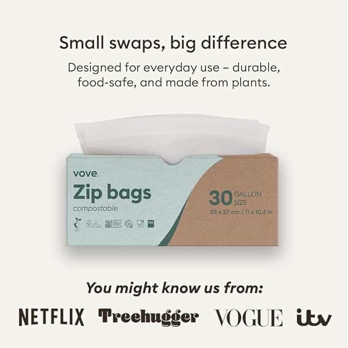 Vove Compostable Snack Bags, Small 50 Count – Freezer Safe, Leak Resistant, Non Toxic, Writable & Reusable Food Storage, Plastic-Free Eco Bags
